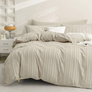 lot 5884 image: JELLYMONI Duvet Cover Full Size Light Khaki - 3PCS Boho Striped Duvet Cover Set Polyester Tufted Bohemian Textured Comforter Cover with Corner Ties and Zipper Closure - Retail $38