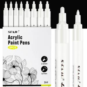 lot 6007 image: SFAIH Acrylic White Paint Pens - 8 Pack 2-3MM Medium Tip and 0.7MM Extra Fine Paint Marker for Rock Painting, Wood, Metal, Fabric, Plastic, Canvas, Glass, Ceramic, Diy Crafts, White Out Pen - Retail $9