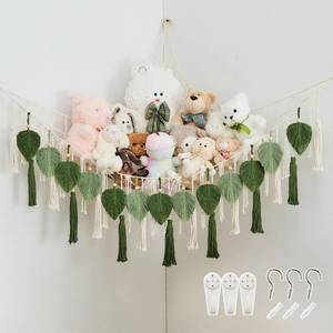 lot 6024 image: Pretty Jolly Stuffed Animal Storage with Hand Woven Leaf Tassels Hammock Corner Hanging Net Boho Macrame Plush Storage for Toys Kid Room Wall Nursery Decor for Girls Gift (Sage GreenandAvocado Green) - Retail $20