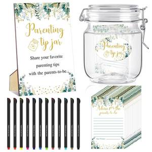 lot 6028 image: Suzile 76 Pcs Baby Shower Advice Cards for New Parents to Be Tip Jar Sign for Parents to Be 60 Cards 12 Pens 2 Stickers 1 Bottle 1 Sign for Baby Shower Games Supplies(Greenery Theme) - Retail $18