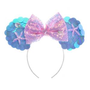 lot 6036 image: WW-WONDERFULWORLD Mouse Ears Headband With Shiny Mermaid Sequins and Bow, for Girls Costume Cosplay Glitter Ocean Party, for Kids and Adult, Blue MRY1 - Retail $9