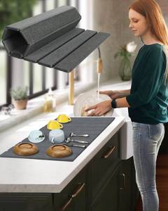lot 6048 image: Large Stone Dish Drying Mat for Kitchen Counter, 24x16 Inches Foldable Food Grade Super Absorbent Diatomaceous Earth Mats with Self-drying for Dishes Sink Bathtub, Dark Gray - Retail $31