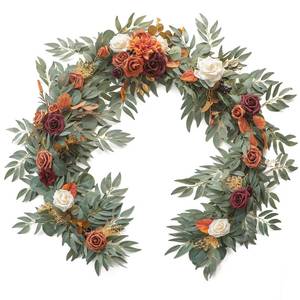 lot 11149 image: Floroom 6ft Artificial Eucalyptus Garland with Flowers Fake Greenery Burnt Orange Faux Floral Vine Garland for Table Decor Wedding Centerpieces Bridal Shower Party Decorations, Terracotta - Retail $70