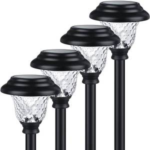 lot 11154 image: Balhvit Glass Solar Lights Outdoor, 4 Pack Super Bright Solar Pathway Lights, Up to 12 Hrs Long Last Auto OnOff Garden Lights Solar Powered Waterproof, Stainless Steel LED Landscape Lighting for Yard - Retail $29