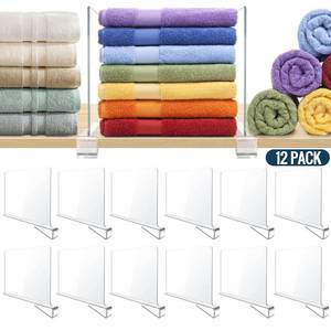 lot 11179 image: BAUMFEUER 12 Pack Clear Acrylic Shelf Dividers for Closet Shelf Organizer of Bedroom Kitchen Office Bathroom Organizer for Clothes Books Hats and Handbags - Retail $42