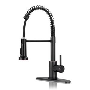 lot 11192 image: DJS Kitchen Faucets with Pull Down Sprayer Oil Rubbed Bronze -High Arc Single Handle 1 or 3 Holes Spring Kitchen Sink Faucet with Deck Plate for Farmhouse RV Vessel Basin - Retail $50