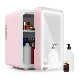 lot 11194 image: Easy-Take Skincare Fridge - Mini Fridge with Dimmable LED Mirror (4 Liter6 Can), Cooler and Warmer, for Skincare and Food, Mini Fridge for Bedroom, Office and Car, Pink (Broke)