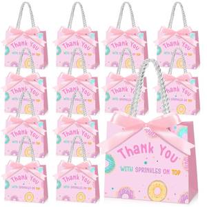 lot 11198 image: Kolldenn 25 Pack Donut Gift Bags Bulk 5.5 x 2.4 x 4.7 Inches Thank You Pink Goodie Treat Bags with Handles and Bow Ribbon for Girls Sweet One Baby Shower Birthday Party Supplies - Retail $19