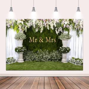 lot 12332 image: Canessioa 10x8ft Mr and Mrs Backdrop for Wedding Party Decoration, Arch Wedding Flowers Backdrop for Reception, White Curtain Floral Greenery Grass Wall Photo Backdrop Photo Shoot Prop - Retail $24