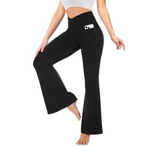 lot 12335 image: YOLIX Flare Leggings for Women with Pockets - Crossover High Waisted Black Flared Leggings for Yoga Gym Workout - Retail $8