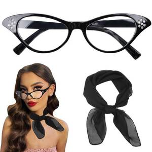 lot 12345 image: HIYMDOIT 50s Costume Accessories Set for Women 1950s Vintage Chiffon Neck Scarf Rhinestone Cat Eye Glasses for Cosplay Party - Retail $9