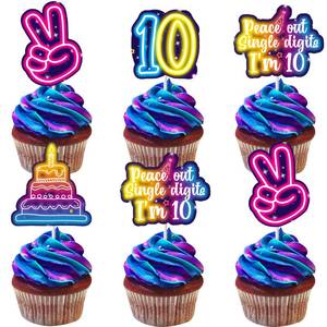 lot 12348 image: Cheereveal 24pcs Neon 10th Birthday Cupcake Toppers, Peace Out Single Digits Im 10 Cake Picks, Cheers to 10th Tenth Bday Party Decoration Supplies - Retail $10