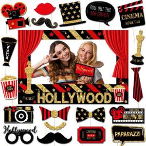 lot 12352 image: Hollywood Theme Party Decorations Movie Night Photo Booth Props Hollywood Photo Frame and Props for Movie Theater Themed Red Carpet Birthday Party Favors Supplies, 21 Pieces - Retail $15