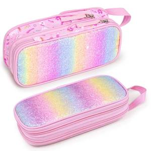 lot 12354 image: Bagseri Glitter Pencil Case for Girls - Expandable Kids Pencil Pouch Large Capacity Cute Pencil Bag for School, Pen Case Only (Pink, Unicorns) - Retail $10