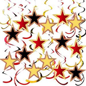 lot 12357 image: Lenwen 39 Pieces Star Style Red Gold and Black Hanging Swirls for Movie Night Decorations Red Carpet Party Decorations Bridal Shower Birthday Party Supplies - Retail $15