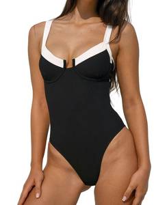 lot 12380 image: BERLOOK Womens Contrast Trim Knotted Slimming One-Piece Swimsuit Sexy Retro Bathing Suits Black - Retail $55