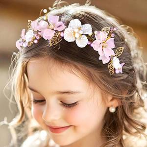 lot 12385 image: Formery Flower Girl Headband Pink Pearl Wedding Headpiece Leaf Floral Princess Bridal Hair Accessories for Girls - Retail $13