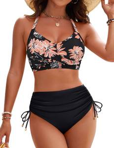 lot 18184 image: Blooming Jelly Womens High Waisted Bikini Sets Floral Tummy Control Swimsuit Crisscross Bathing Suit (Medium, Black) - Retail $31