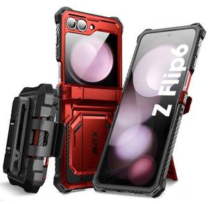 lot 18192 image: i-Blason for Samsung Galaxy Z Flip 7 FE Case, Z Flip6 Case with Stand, Built-in Screen Protector Hinge Protection Belt-Clip, Military Phone Case for Samsung Z Flip 7 FE65, Armorbox, Red - Retail $40