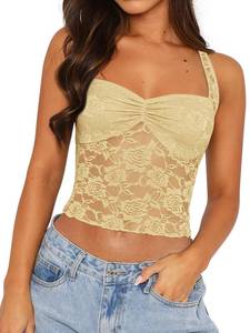 lot 18203 image: REORIA Womens Summer Sexy Lace Tank Tops Sleeveless Y2K Trendy Cute Crop Top Going Out Shirts 2025 Fashion Yellow Medium - Retail $24