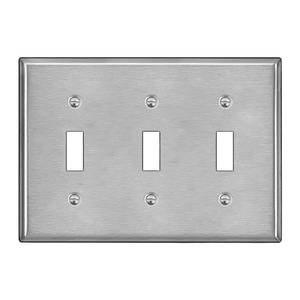 lot 18205 image: BESTTEN 3 Gang Toggle Light Switch Metal Wall Plate with hite or Clear Plastic Film, Standard Size Durable Corrosion Resistant Industrial Grade Stainless Steel Material, Brushed Finish, Silver - Retail $8