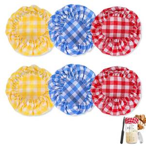 lot 18210 image: 6 Pcs Jar Cloth Covers, Colorful Plaid Sourdough Starter Jar Cover Cloth, Reusable Elastic Sourdough Starter Bowl Covers Basket Cover Preserving Lids for 3-4 Inch Jar Mouth Baking Supplies - Retail $7
