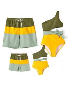 lot 18211 image: PATPAT Family Matching Swimsuits Mommy and Me Bathing Suits One Piece One Shoulder Cut Out Tie Waist Colorblock Swimwear Sets Yellow Green for Couple Women M - Retail $35