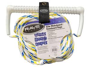 lot 18218 image: RAVE Sports Elite Floating Wakeboard  Kneeboard Rope, 3 Sections, 75 FT, Handy Keeper Included, EVA Swirl Grip 15 Handle, 1800 lb Tensile Strength, Exceeds WSIA Safety Standards, Yellow  Blue - Retail $25