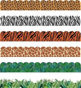 lot 18236 image: BeYumi 80Pcs Animal Print Bulletin Board Borders Africa Safari Leopard Zebra Tiger Giraffe Tropical Leaves Greenery Scalloped Borders Trim Bulletin Decoration for Back to School Classroom Nursery Wall - Retail $18