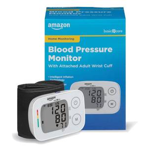 lot 18237 image: Amazon Basic Care Wrist Blood Pressure Monitor - Digital BP Monitor with Large Display and Intelligent Inflation Technology - Retail $15