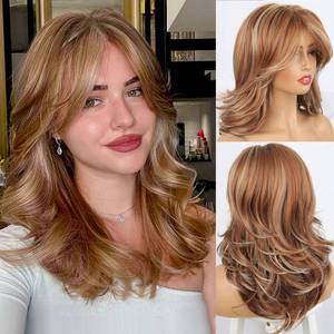 lot 18242 image: LEOSA Strawberry Blonde Wig With Curtain Bangs - Long Honey Wavy Layered Cut for White Women, Synthetic Mixed Hair for Daily Party Use - Retail $10