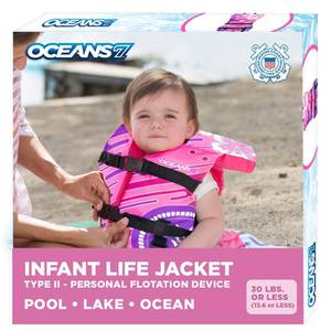 lot 18243 image: Oceans 7 US Coast Guard Approved, Infant-Child-Youth Life Jacket Vest � Sizes for 8-90 Lbs. � Type III Vest, PFD, Personal Flotation Device - Retail $30