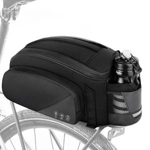 lot 18263 image: WOTOW Rear Rack Bag, 12L Waterproof Reflective Bicycle Trunk Bag, Cycling Rear Seat Carrier Backseat Storage Luggage with Water Bottle Holder, Shoulder Strap for MTB Bike E-Bike - Retail $35