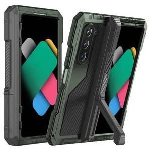 lot 18291 image: FunnyWin Metal Case for Samsung Z Fold 5 Military Grade Armor Rugged Case with S Pen Holder Metal Stand Hinge Protection Screen Protector Drop Tested Shockproof Full Cover case for Z Fold 5 (Green) - Retail $33