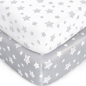 lot 18296 image: Crib Sheets for Boys or Girls 2 Pack, Fitted Crib Sheet for Standard Size Crib and Toddler Mattresses, Soft and Breathable Material, Grey and White - Retail $10