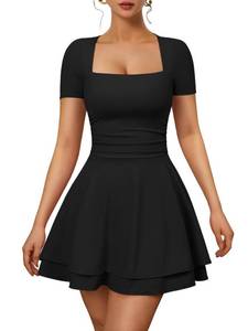 lot 18297 image: XXTAXN Womens Sexy Square Neck Short Sleeve Ruched Tiered Ruffle Hem Flowy Club Party Mini Dress Black - Retail $37