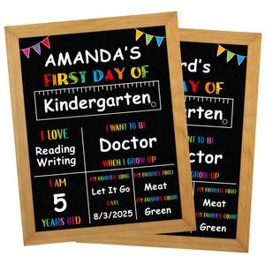 lot 20310 image: PETCEE First Day of School Sign - Wood Frame Double Sided Back to School Chalkboard Reusable Erasable 10x 12in 1st Day of Preschool Pre-K Kindergarten Gifts for Daughter Son Boys Girls - Retail $13in