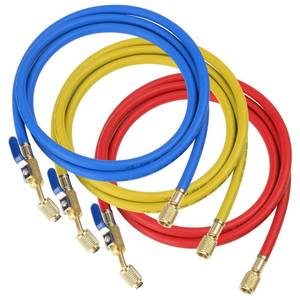 lot 20314 image: Upgrade 29985 Plus II 14 HVAC Hose with Compact Ball Valve,Standard 14in Flare Fittings,for R410A and all Common Refrigerants,800 PSI Working Pressure, 60in,RedYellowBlue(Pack of 3) - Retail $48in