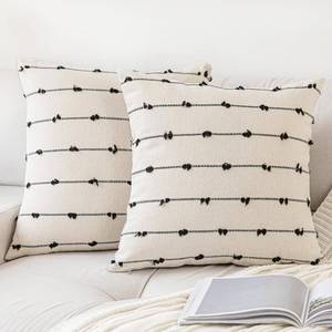lot 20322 image: YEENAASY Boho Throw Pillow Covers 18x18 Set of 2 Modern Farmhouse Decorative Cushion Case Tufted Square Pillows Cover Neutral Pillow Cases Accent Pillowcase for Sofa,Couch,Bed,Beige and Black - Retail $24