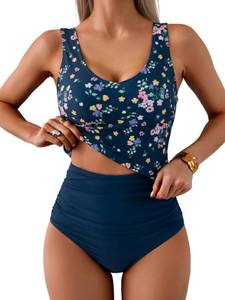 lot 20332 image: Eomenie Two Piece Tankini Swimsuits for Women Tummy Control Bathing Suits Cutout Back Swim Tank Top with High Waisted Bottom S - Retail $248