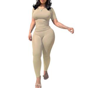lot 16136 image: Nimsruc Two Piece Outfits For Women Summer Casual Short Sleeve Jogging Suits Bodycon Tracksuit Comfy Sweatsuits Pants Sets Matching Clothing Apricot S - Retail $15