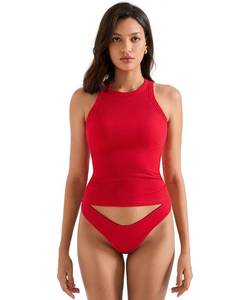 lot 16140 image: SUUKSESS Women Padded Cotton Ribbed Tank Tops 2025 Sleeveless High Neck Racerback Basic Tops(Red, L) - Retail $19