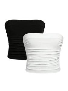 lot 16142 image: Milumia Girls 2 Pack Tube Top Ruched Strapless Going Out Basic Bandeau Tops Black and White Plain 12 Years - Retail $20