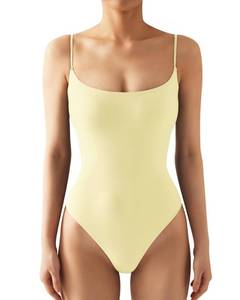 lot 16144 image: SUUKSESS Women Sexy Square Neck Thong Bodysuit Backless Sleeveless Basic Cami Body Suit Top (Pale Yellow, S) - Retail $23