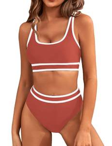 lot 16147 image: BMJL Womens High Waisted Bikini Sets Sporty Two Piece Swimsuits Color Block Cheeky High Cut Bathing Suits(S,Rust Red) - Retail $36