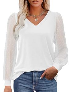 lot 16170 image: Bellcoco Womens Dressy Casual Blouses Long Sleeve Tops V Neck Shirts Casual Swiss Dot T-Shirt Sheer Puff Sleeve Shirts(White,s)