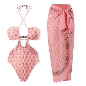 lot 16173 image: IDOPIP Womens Floral Print One Piece Swimsuit with Beach Cover up Wrap Skirt Sarong Halter Cutout Monokini Swimwear Sarong Coverups Two Piece Bathing Suits Bikini Set Beachwear Pink - Halter S