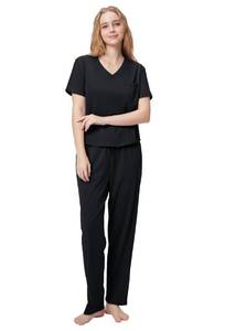 lot 16176 image: SIORO Womens Cotton Pajamas Set Short Sleeve Sleepwear V-neck Tops Loungewear Nightwear with Long Pants, Black, Small - Retail $30