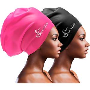 lot 16187 image: Extra Large Swim Cap for Braids and Dreadlocks Women Men Silicone Swimming Cap for Long Thick Curly Weaves Afro Hair Extensions (Black, Fuchsia) - Retail $16
