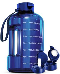 lot 17649 image: AQUAFIT 128 oz Water Bottle with Time Marker - Straw and Chug Lid - BPA Free 1 Gallon Gym Water Bottle with Handle - Big Gallon Jug (Blue, 128 Ounces) - Retail $4